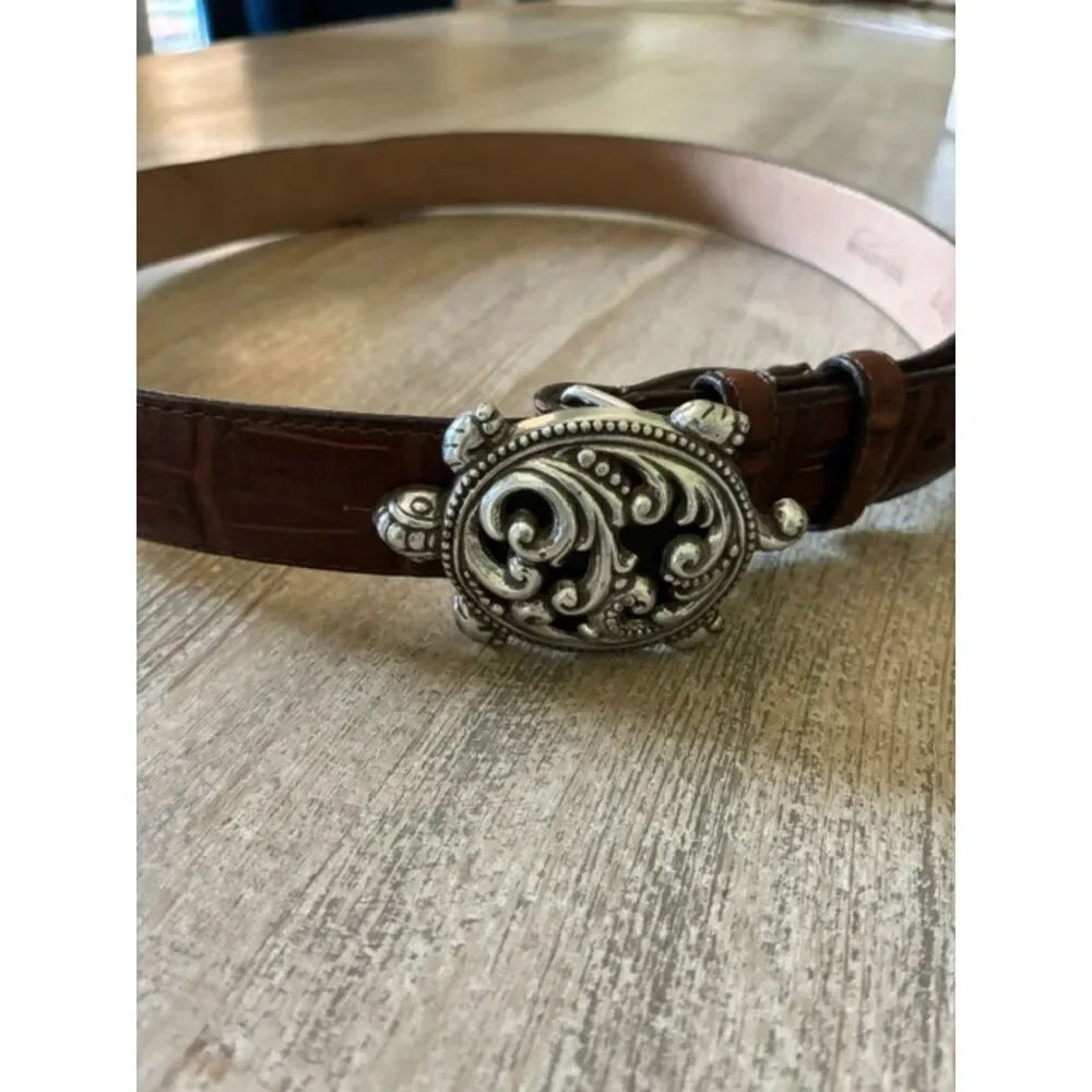 Brighton B3707 Brown Leather Belt Silver Turtle Buckle Statement